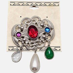 Vtg Costume Brooch Satin Silver Tone Multicolor Glass Jeweled Cosplay Victorian